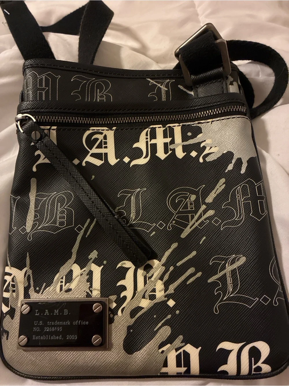 L.A.M.B. Black and Cream Graphic Crossbody Messenger Bag